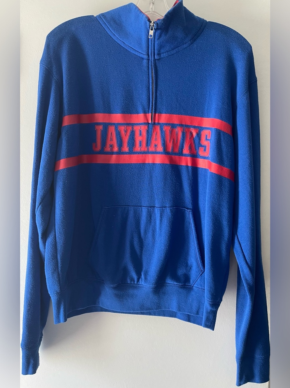 PINK KANSAS JAYHAWKS ROYAL BLUE & RED QUARTER ZIP LIGHTWEIGHT SWEATSHIRT S/P